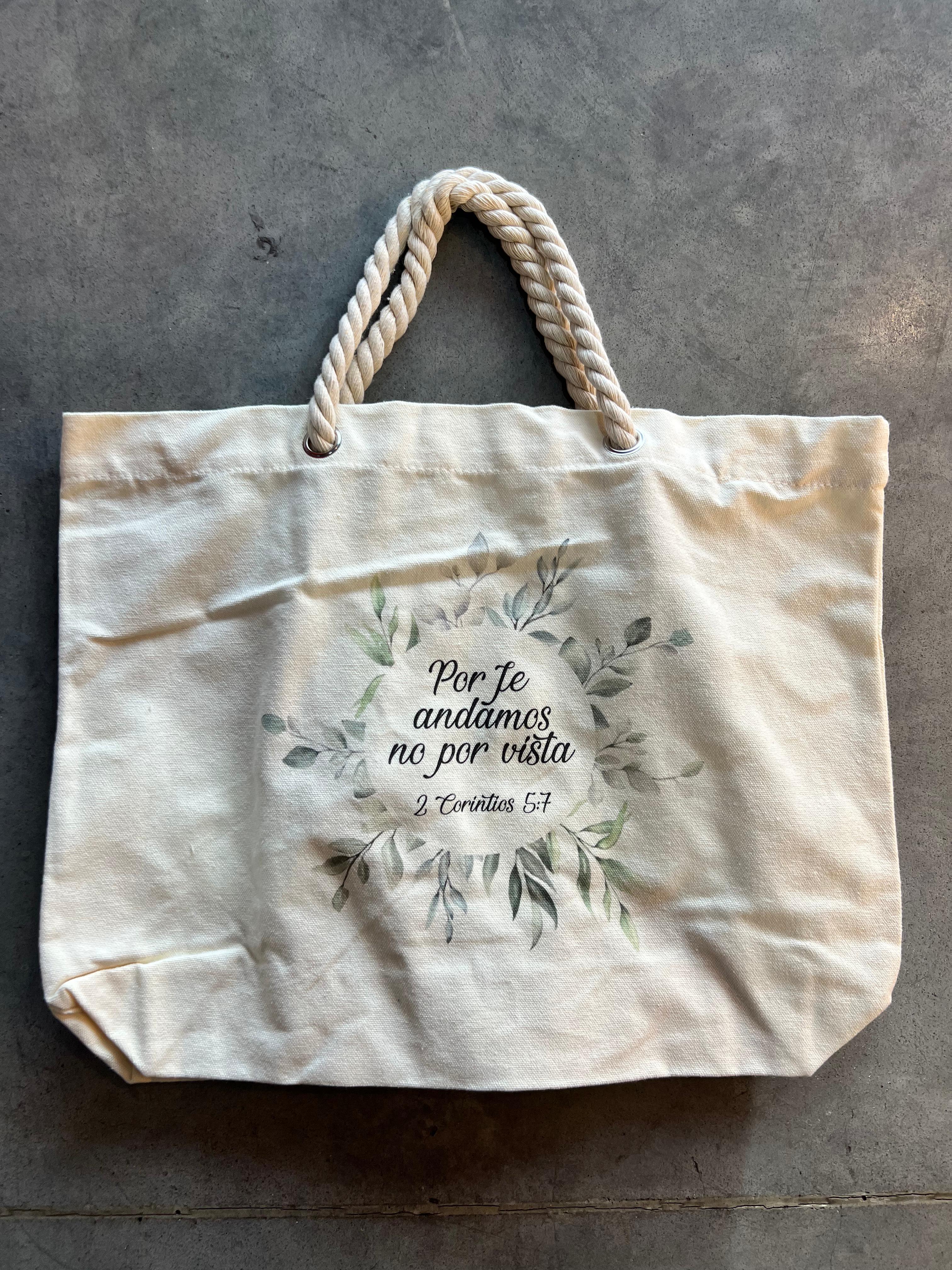 Bolso de Algodón con Agarradera Trenzada – “Por Fe Andamos No por Vista”